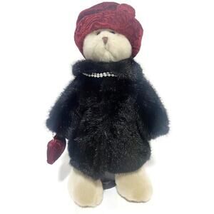 Russ Berrie Nuria Plush Bear Black Fur Coat Red Hat Pearls Purse With Stand 13"